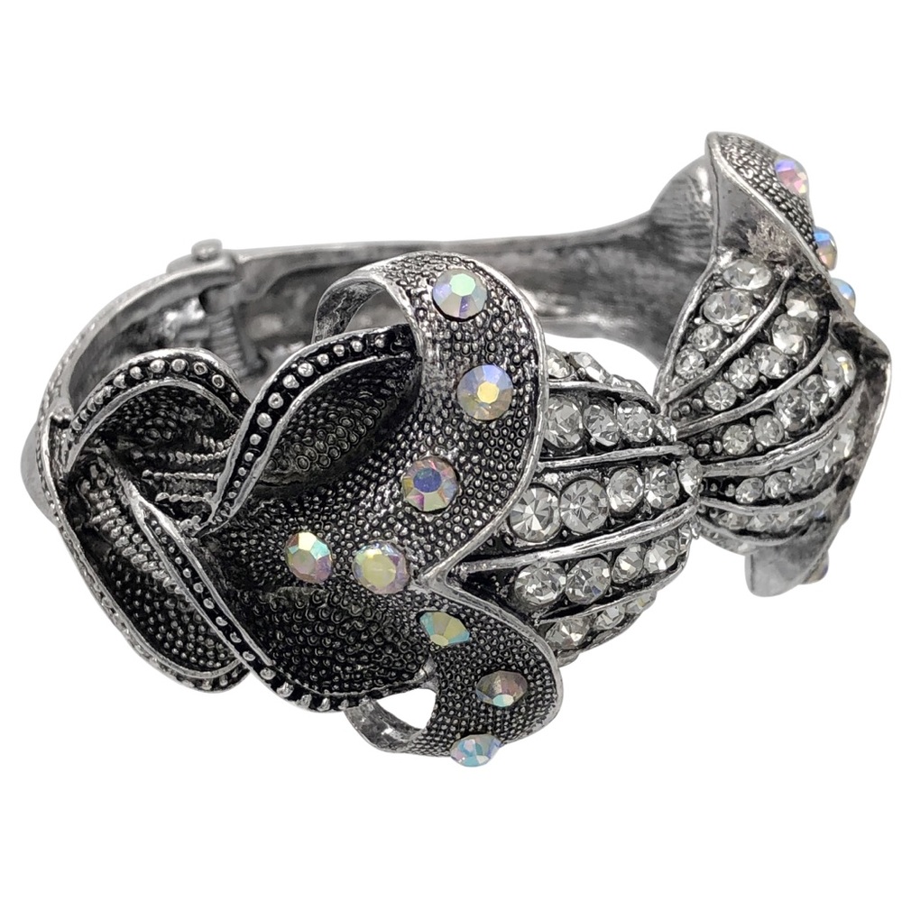 Exotic Flower Lily Tulip Rhinestone Silver Statement Hinged Bangle Bracelet